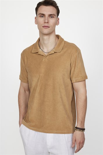 Erkek Slim Fit Dar Kesim Pamuklu Terrycloth Havlu Kumaş Bej Polo Yaka Tişört