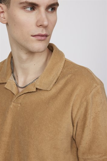 Erkek Slim Fit Dar Kesim Pamuklu Terrycloth Havlu Kumaş Bej Polo Yaka Tişört