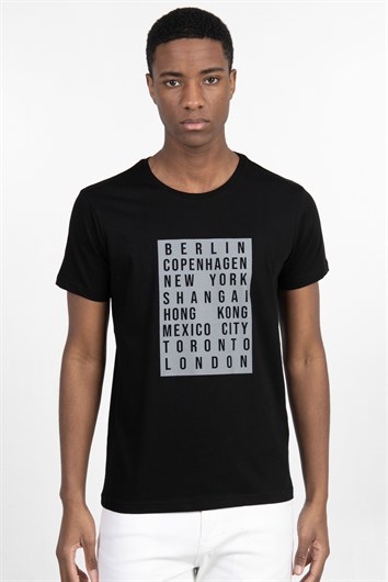 Erkek Slim Fit Dar Kesim %100 Pamuk Yumuşak Dokulu Baskılı Siyah Bisiklet Yaka Tişört
