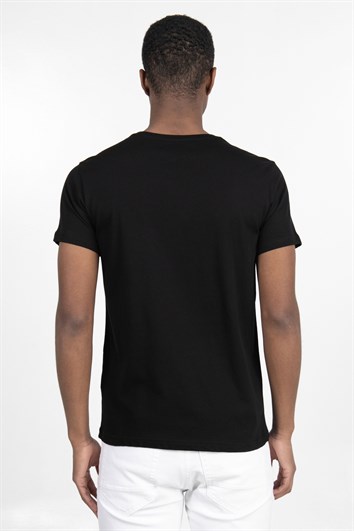 Erkek Slim Fit Dar Kesim %100 Pamuk Yumuşak Dokulu Baskılı Siyah Bisiklet Yaka Tişört