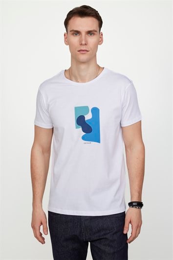 Erkek Slim Fit Dar Kesim %100 Pamuk Yumuşak Dokulu Baskılı Beyaz Bisiklet Yaka Tişört