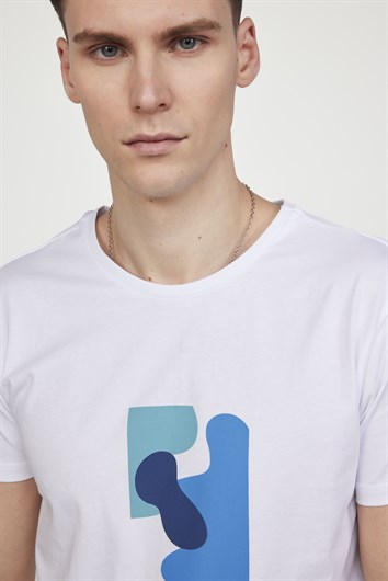 Erkek Slim Fit Dar Kesim %100 Pamuk Yumuşak Dokulu Baskılı Beyaz Bisiklet Yaka Tişört