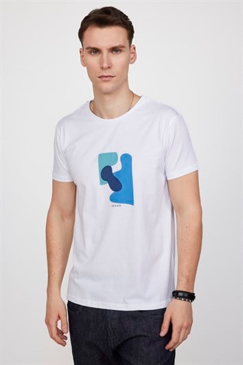 Erkek Slim Fit Dar Kesim %100 Pamuk Yumuşak Dokulu Baskılı Beyaz Bisiklet Yaka Tişört