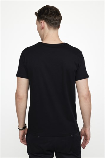 Erkek Slim Fit Dar Kesim %100 Pamuk Yumuşak Dokulu Baskılı Siyah Bisiklet Yaka Tişört