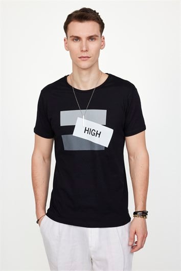 Erkek Slim Fit Dar Kesim %100 Pamuk Yumuşak Dokulu Baskılı Siyah Bisiklet Yaka Tişört