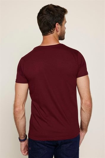Erkek Slim Fit Dar Kesim %100 Pamuk Yumuşak Dokulu Baskılı Bordo Bisiklet Yaka Tişört