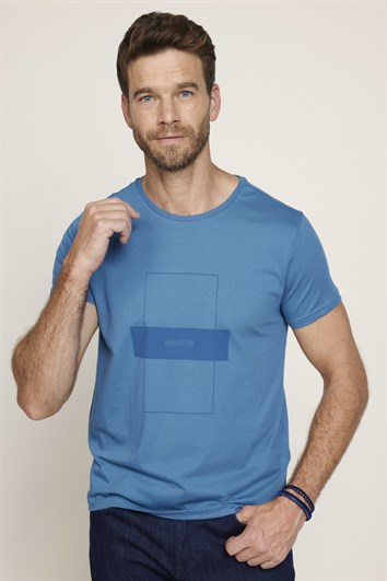 Erkek Slim Fit Dar Kesim %100 Pamuk Yumuşak Dokulu Baskılı Mavi Bisiklet Yaka Tişört
