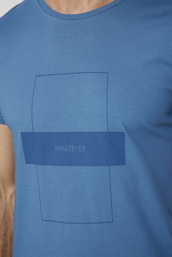Erkek Slim Fit Dar Kesim %100 Pamuk Yumuşak Dokulu Baskılı Mavi Bisiklet Yaka Tişört