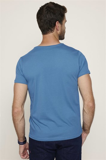 Erkek Slim Fit Dar Kesim %100 Pamuk Yumuşak Dokulu Baskılı Mavi Bisiklet Yaka Tişört