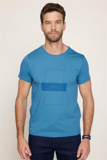 Erkek Slim Fit Dar Kesim %100 Pamuk Yumuşak Dokulu Baskılı Mavi Bisiklet Yaka Tişört