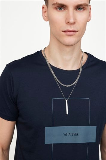 Erkek Slim Fit Dar Kesim %100 Pamuk Yumuşak Dokulu Baskılı Lacivert Bisiklet Yaka Tişört