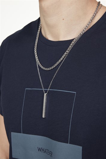 Erkek Slim Fit Dar Kesim %100 Pamuk Yumuşak Dokulu Baskılı Lacivert Bisiklet Yaka Tişört