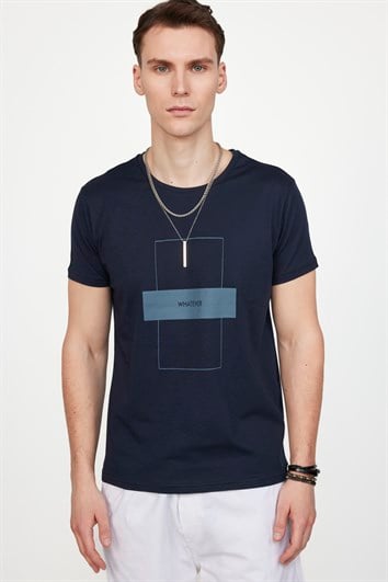 Erkek Slim Fit Dar Kesim %100 Pamuk Yumuşak Dokulu Baskılı Lacivert Bisiklet Yaka Tişört