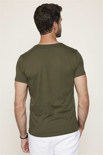 Erkek Slim Fit Dar Kesim %100 Pamuk Yumuşak Dokulu Baskılı Haki Bisiklet Yaka Tişört