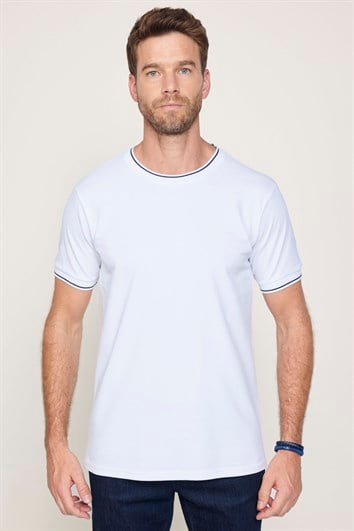 Erkek Slim Fit Dar Kesim %100 Pamuk Düz Pike Beyaz Bisiklet Yaka Tişört