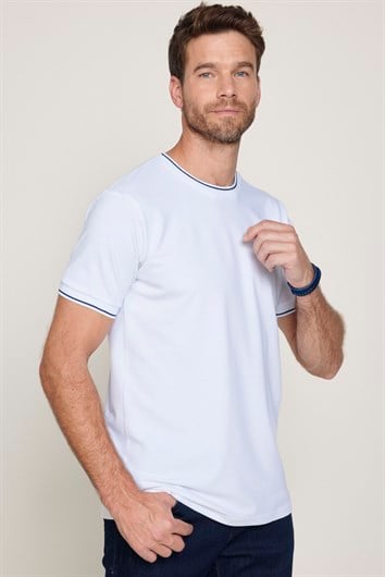 Erkek Slim Fit Dar Kesim %100 Pamuk Düz Pike Beyaz Bisiklet Yaka Tişört