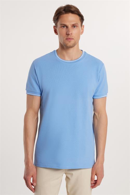 Erkek Slim Fit Dar Kesim %100 Pamuk Düz Pike Mavi Bisiklet Yaka Tişört