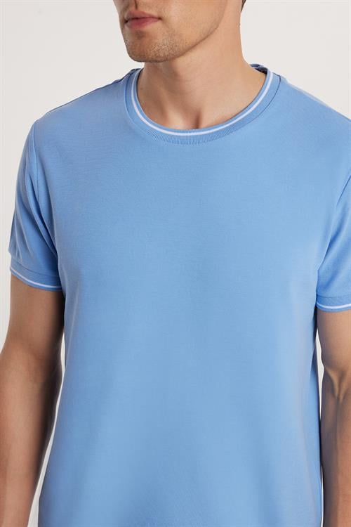 Erkek Slim Fit Dar Kesim %100 Pamuk Düz Pike Mavi Bisiklet Yaka Tişört