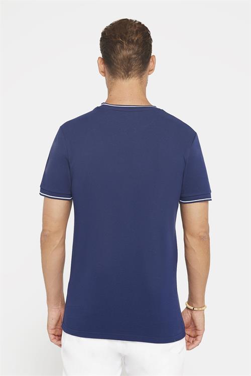 Erkek Slim Fit Dar Kesim %100 Pamuk Düz Pike Lacivert Bisiklet Yaka Tişört