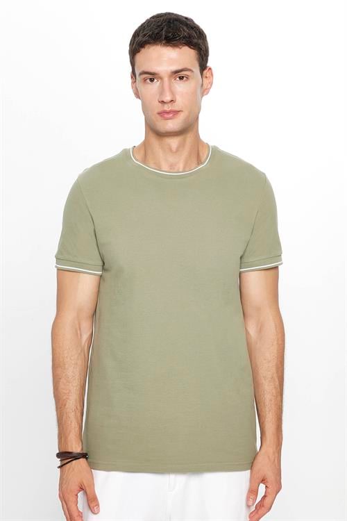 Erkek Slim Fit Dar Kesim %100 Pamuk Düz Pike Haki Bisiklet Yaka Tişört