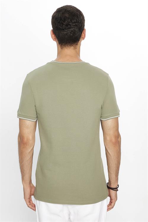 Erkek Slim Fit Dar Kesim %100 Pamuk Düz Pike Haki Bisiklet Yaka Tişört