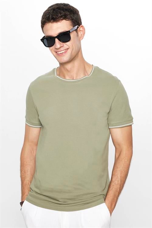 Erkek Slim Fit Dar Kesim %100 Pamuk Düz Pike Haki Bisiklet Yaka Tişört