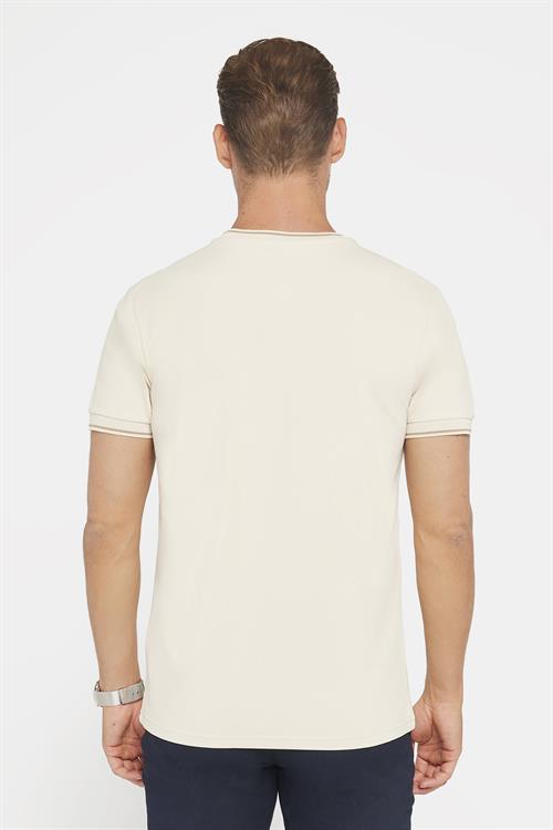 Erkek Slim Fit Dar Kesim %100 Pamuk Düz Pike Taş Rengi Bisiklet Yaka Tişört