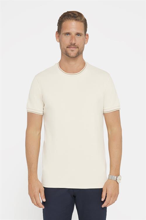 Erkek Slim Fit Dar Kesim %100 Pamuk Düz Pike Taş Rengi Bisiklet Yaka Tişört