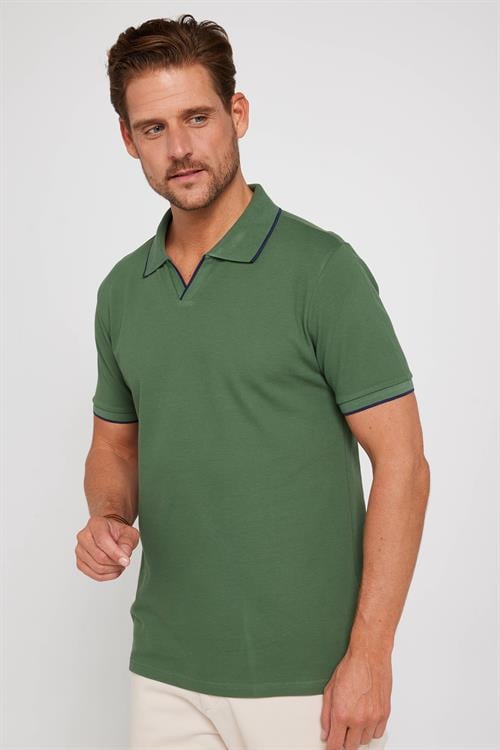 Erkek Slim Fit Dar Kesim %100 Pamuk Düz Pike Düğmesiz Haki Polo Yaka Tişört