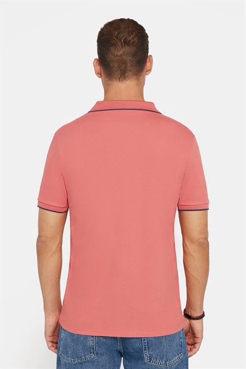 Erkek Slim Fit Dar Kesim %100 Pamuk Düz Pike Düğmesiz Pudra Polo Yaka Tişört