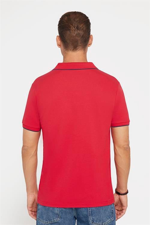 Erkek Slim Fit Dar Kesim %100 Pamuk Düz Pike Düğmesiz Kırmızı Polo Yaka Tişört