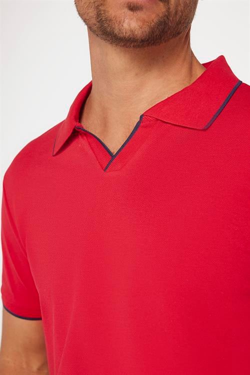 Erkek Slim Fit Dar Kesim %100 Pamuk Düz Pike Düğmesiz Kırmızı Polo Yaka Tişört