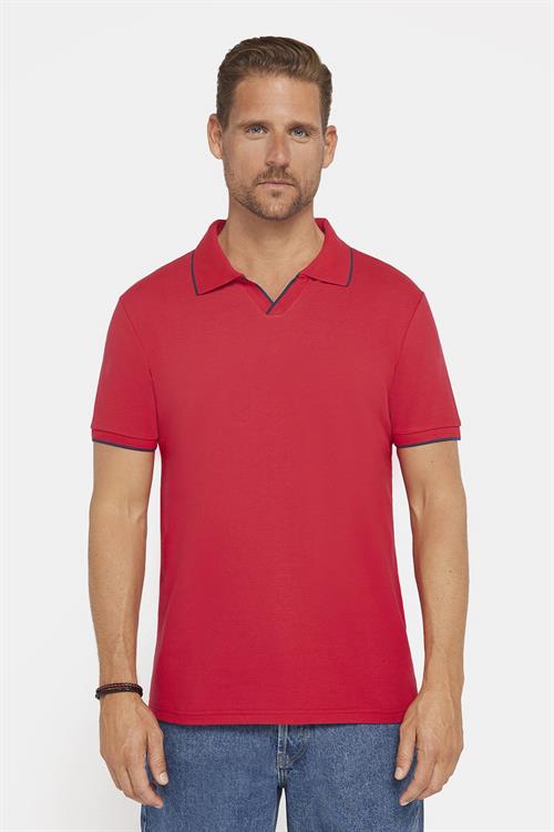 Erkek Slim Fit Dar Kesim %100 Pamuk Düz Pike Düğmesiz Kırmızı Polo Yaka Tişört