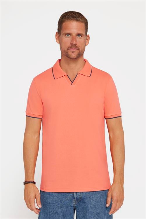 Erkek Slim Fit Dar Kesim %100 Pamuk Düz Pike Düğmesiz Somon Polo Yaka Tişört