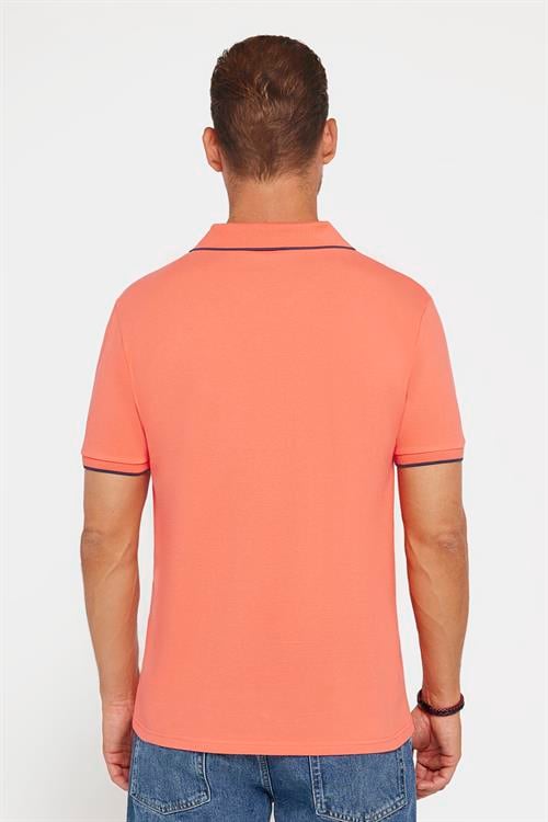 Erkek Slim Fit Dar Kesim %100 Pamuk Düz Pike Düğmesiz Somon Polo Yaka Tişört