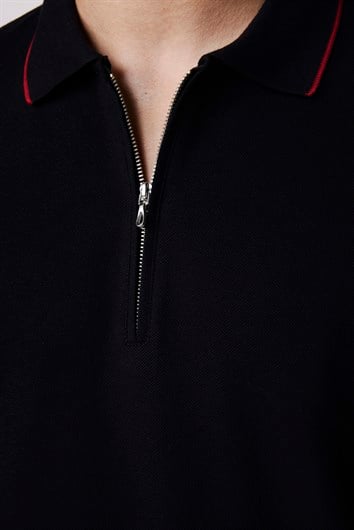 Erkek Slim Fit Dar Kesim %100 Pamuk Düz Pike Fermuarlı Siyah Polo Yaka Tişört