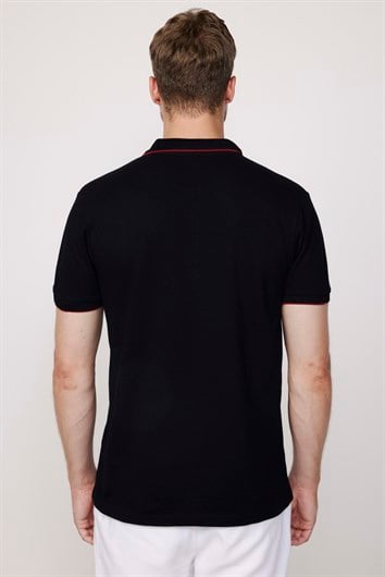 Erkek Slim Fit Dar Kesim %100 Pamuk Düz Pike Fermuarlı Siyah Polo Yaka Tişört