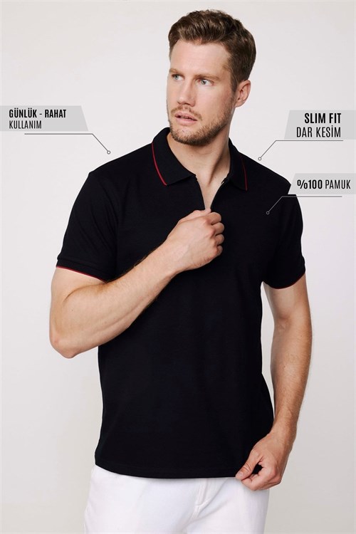 Erkek Slim Fit Dar Kesim %100 Pamuk Düz Pike Fermuarlı Siyah Polo Yaka Tişört