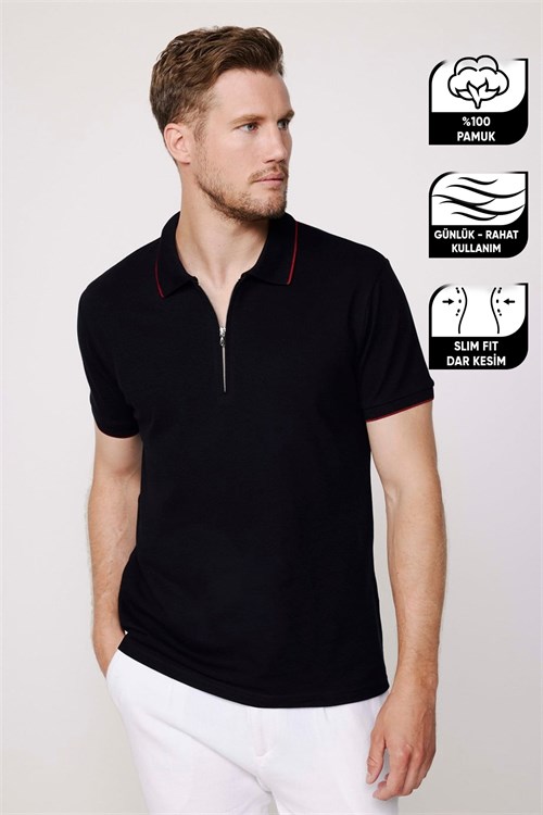 Erkek Slim Fit Dar Kesim %100 Pamuk Düz Pike Fermuarlı Siyah Polo Yaka Tişört