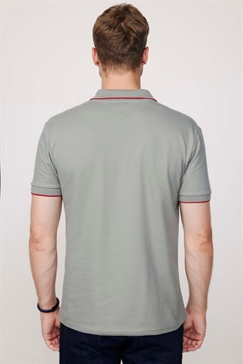 Erkek Slim Fit Dar Kesim %100 Pamuk Düz Pike Fermuarlı Gri Polo Yaka Tişört
