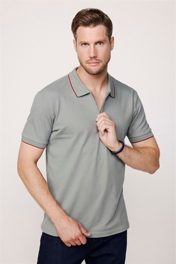 Erkek Slim Fit Dar Kesim %100 Pamuk Düz Pike Fermuarlı Gri Polo Yaka Tişört