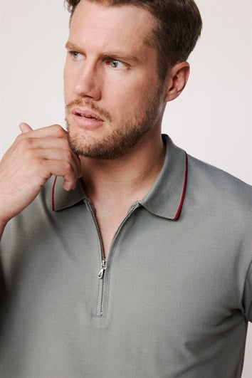 Erkek Slim Fit Dar Kesim %100 Pamuk Düz Pike Fermuarlı Gri Polo Yaka Tişört