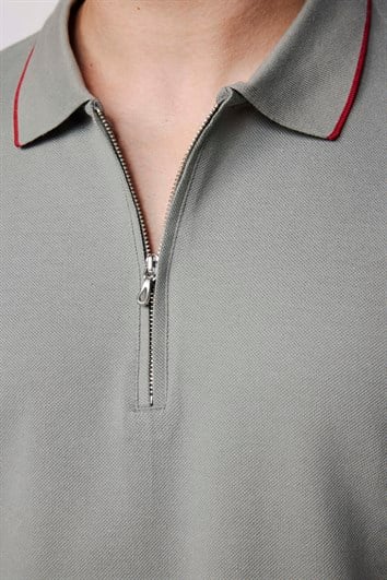 Erkek Slim Fit Dar Kesim %100 Pamuk Düz Pike Fermuarlı Gri Polo Yaka Tişört