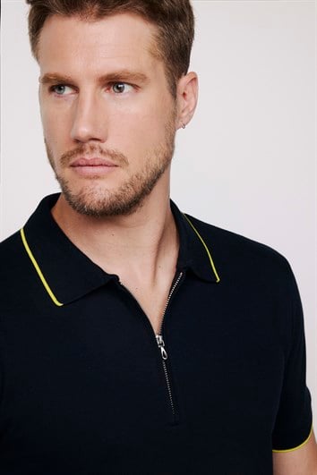 Erkek Slim Fit Dar Kesim %100 Pamuk Düz Pike Fermuarlı Lacivert Polo Yaka Tişört
