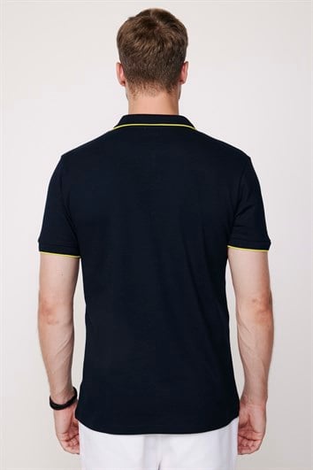 Erkek Slim Fit Dar Kesim %100 Pamuk Düz Pike Fermuarlı Lacivert Polo Yaka Tişört