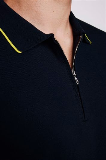 Erkek Slim Fit Dar Kesim %100 Pamuk Düz Pike Fermuarlı Lacivert Polo Yaka Tişört