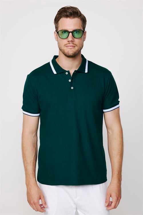 Erkek Slim Fit Dar Kesim %100 Pamuk Düz Pike Kol Şeritli Yeşil Polo Yaka Tişört