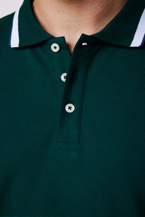 Erkek Slim Fit Dar Kesim %100 Pamuk Düz Pike Kol Şeritli Yeşil Polo Yaka Tişört