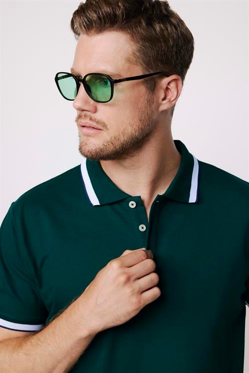 Erkek Slim Fit Dar Kesim %100 Pamuk Düz Pike Kol Şeritli Yeşil Polo Yaka Tişört