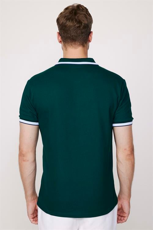 Erkek Slim Fit Dar Kesim %100 Pamuk Düz Pike Kol Şeritli Yeşil Polo Yaka Tişört